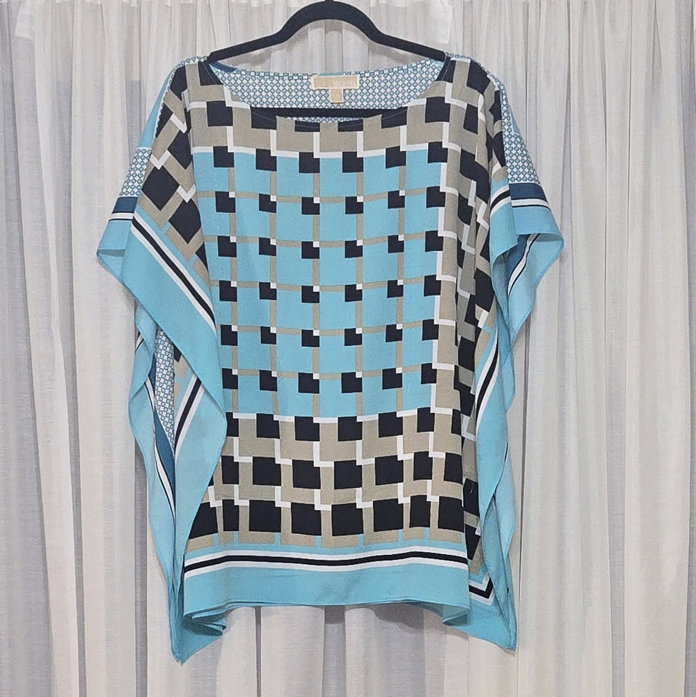 Michael Kors Aqua and Black Geometric Print Handkerchief Blouse